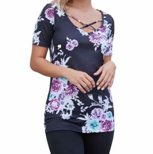 Black Floral Crisscross Neck Detail Short Sleeve T